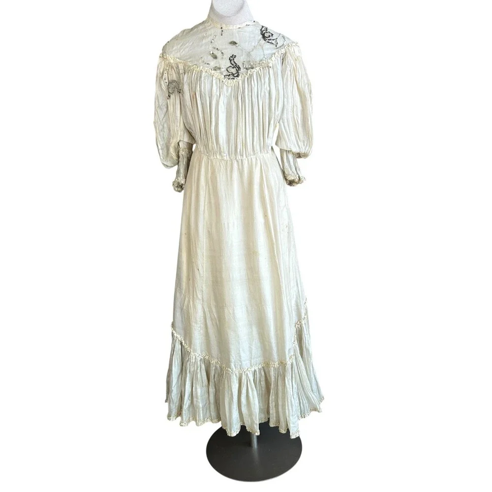 Antique Victorian Ivory Dress Mesh Lace Sequins Distressed Damaged As Is - Picture 1 of 16